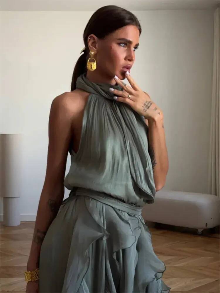 Urban Sexy Dress Women Solid Halter Neck Ruffle bodycon Long Dress Elegant Sleeveless Chiffon Tiered Waist Cinching Maxi Dresses 2026 Street Vestido