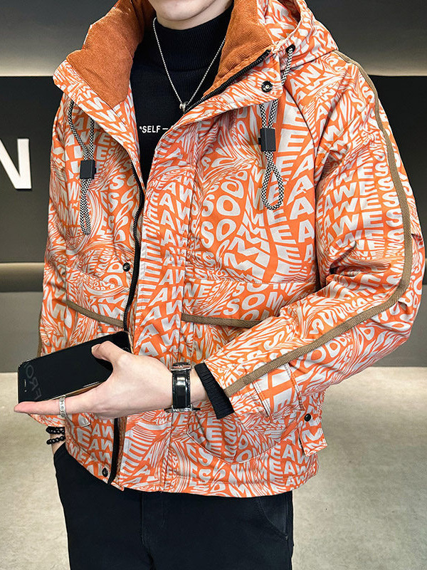 Men Hooded Duck Down Puffer Jacket 2026 Winter New Trendy Stylish Printed Thick Warm Coat Windproof Outerwear For Men Daily Casual Cold Weather Wear