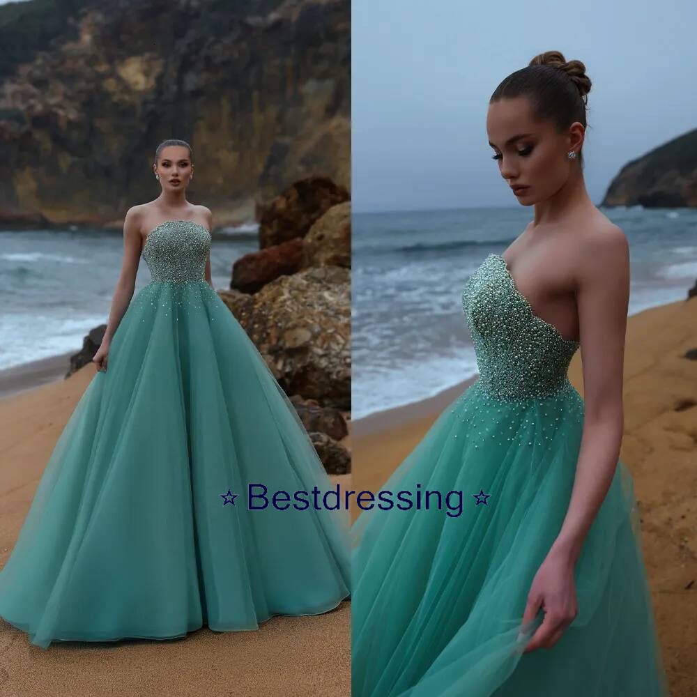 Green Strapless Prom Dresses Illusion Beaded Floor Length Party Ball Gowns Custom Made Women Formal Evening Dress Bd017