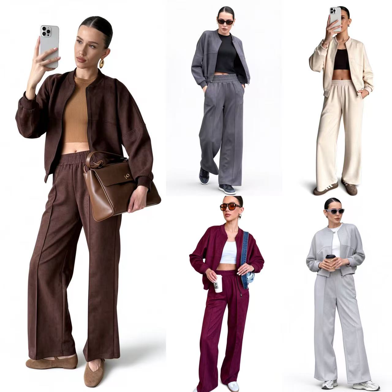 Womens Faux Suede Fabric Tracksuit Two Piece Set Zip Up Bomber Jacket Drawstring Wide Leg Pants Casual Daily Street Wear
