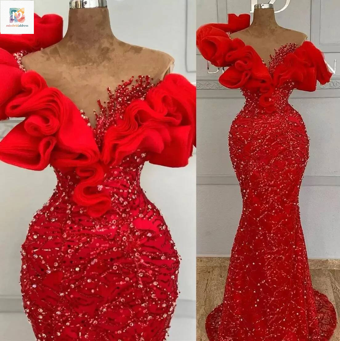 2024 Sexy Red Prom Dresses Off Shoulder Illusion Plus Size Mermaid Sequined Lace Ruffles Floor Length Sleeveless Crystal Bling Sequins Evening Gowns