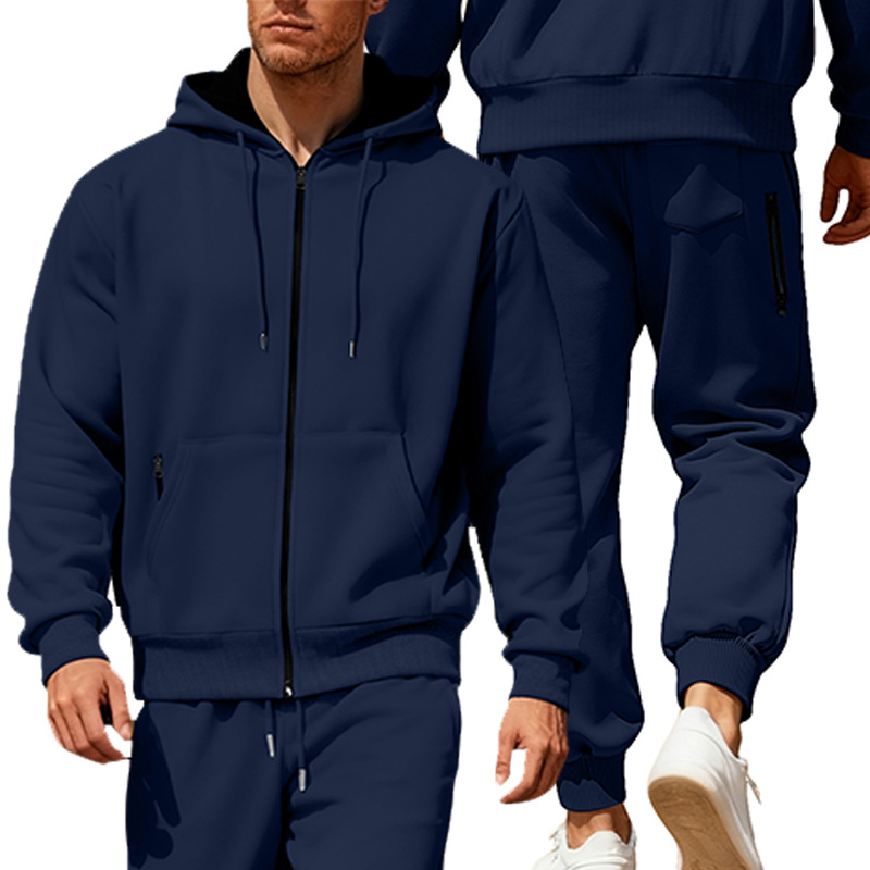 Winter autumn color fleece padded warm zipper long sleeved hooded sports suit for casual wear Mens Sweatsuit 2 Piece Hoodie Tracksuit Jogger Set