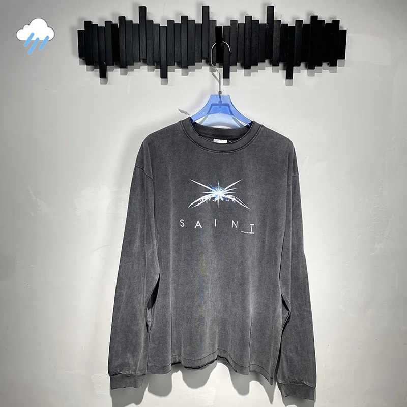 Best Quality Cotton Loose T-Shirt Men Women Graphics Classic Letters Print Saint Long Sleeve T-Shirt Washed Black Tops T261019