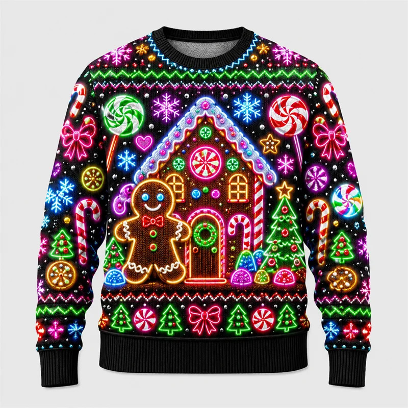 Neon Light Print Ugly Christmas Sweater For Men Fashion Holiday Long Sleeve Reunion Party Sweatshirts Casual Oversized Pullovers 261019