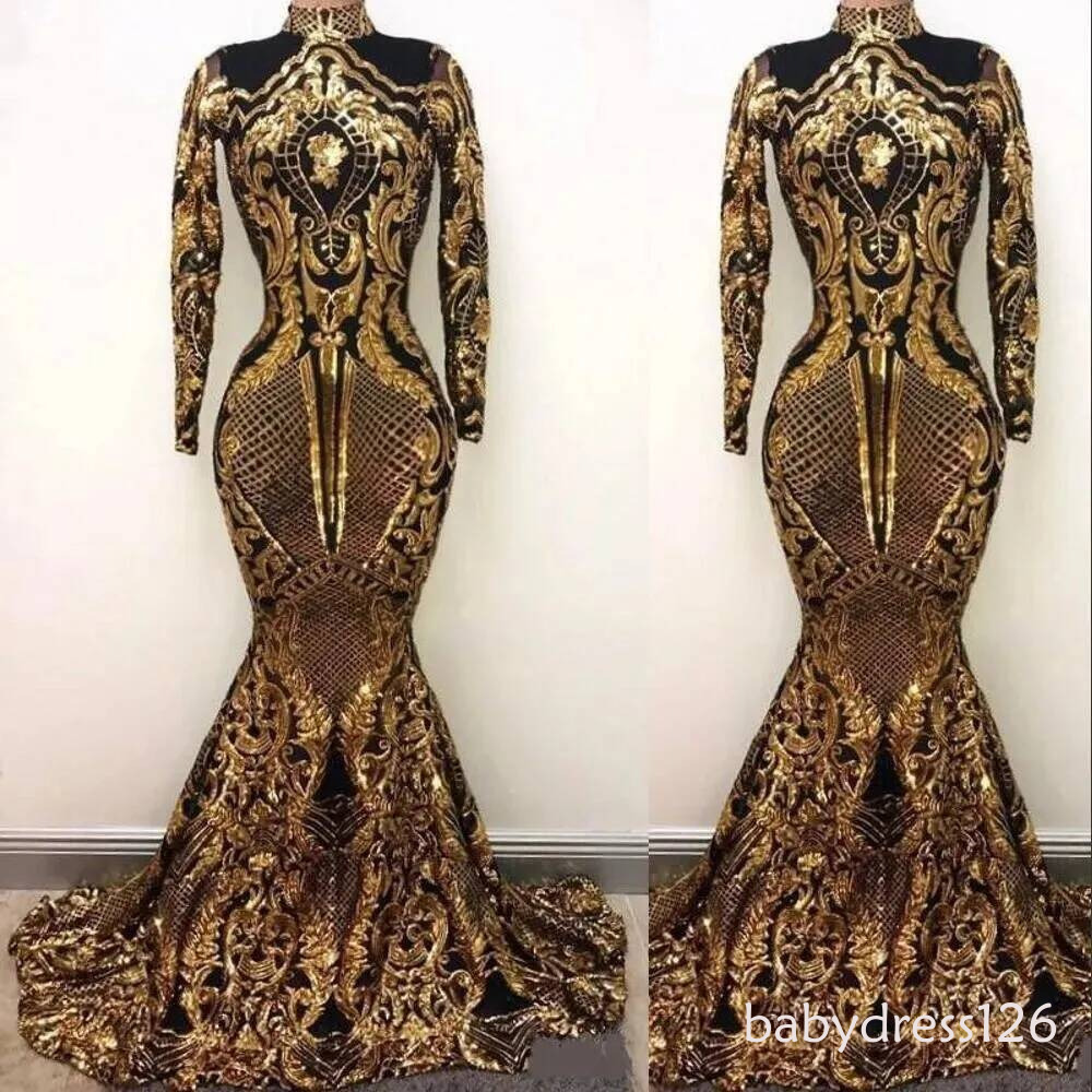 2026 Bling Luxury Long Sleeves Prom Dresses Mermaid High Neck Holidays Graduation Wear Black Gold Sequins Evening Party Gowns Custom Made