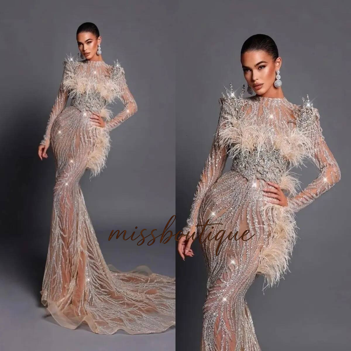 Luxury Feather Wedding Dresses Sequins Crystal Bridal Gowns See Through Long Sleeves Mermaid Rhinestone Customized Bride Vestidos De Novia Plus Size