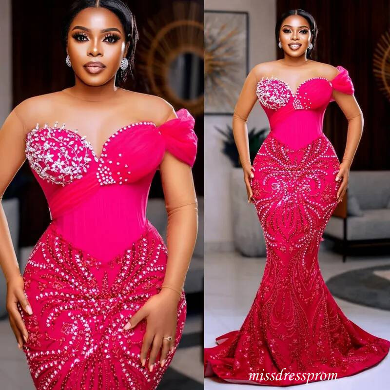 Plus Size Fuchsia Prom Dress Mermaid Evening Dresses Formal Gowns Sheer Neck Beaded Lace Crystals Birthday Second Reception Gown Am2740