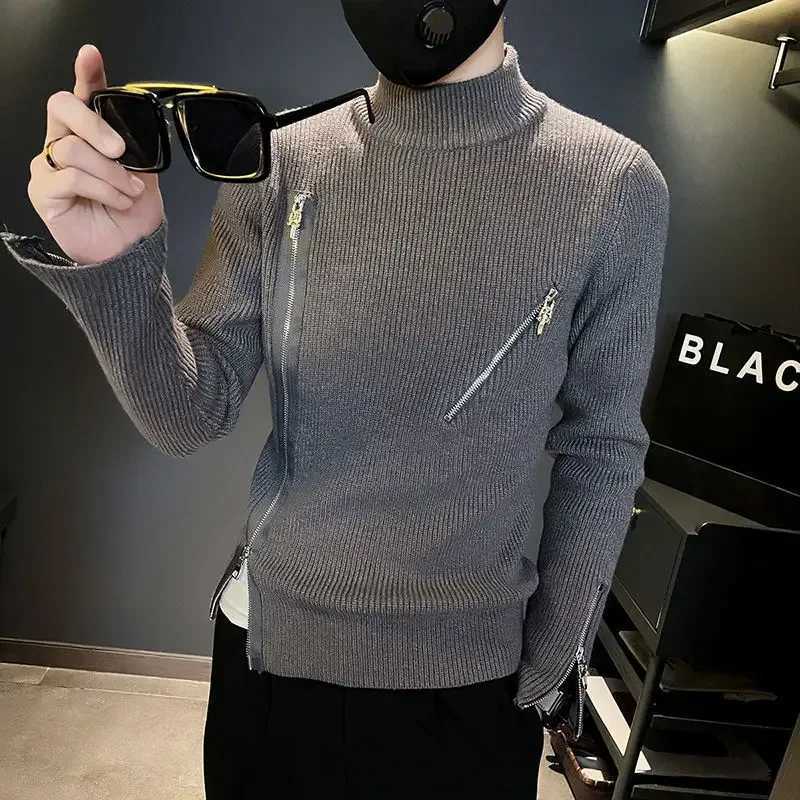 Pullovers Motorcycle Men's Clothing Turtleneck Zipper Knit Sweater Male High Collar Zip-up Black Neck Y2k Strtwear A Heated X M261016