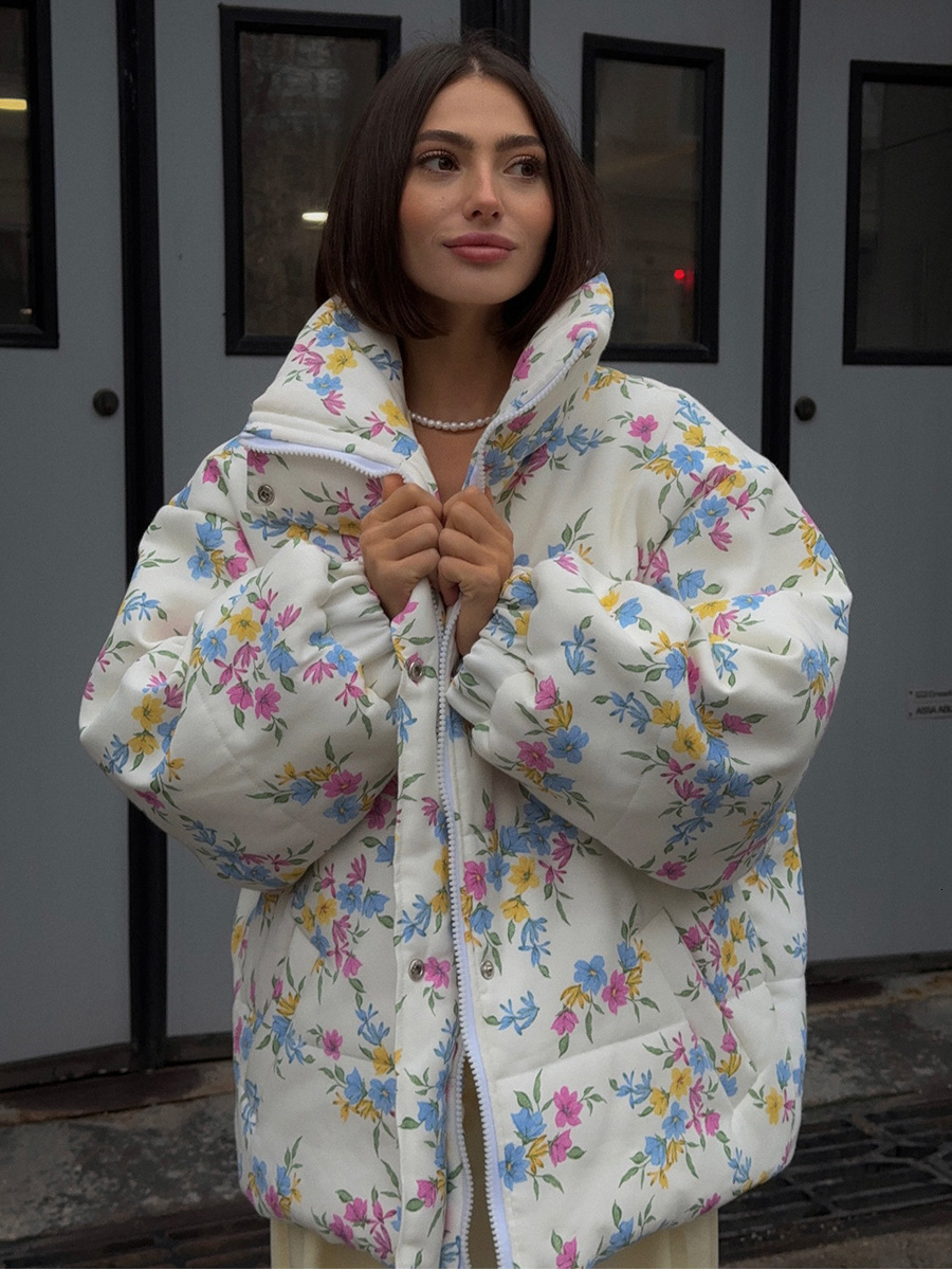 Women Puffer Down Jacket Coat Bornladies New Women's Puffer Jacket Stand Up Collar Zipper Closure Floral Print Warm Cotton Filled Coat Oversize