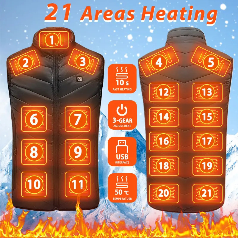 21 HEATING ZONES Heated Vest Unisex Men Women Heated Jacket Winter Usb Self Heating Thermal Vest Heating Down Jacket Outdoor 261019