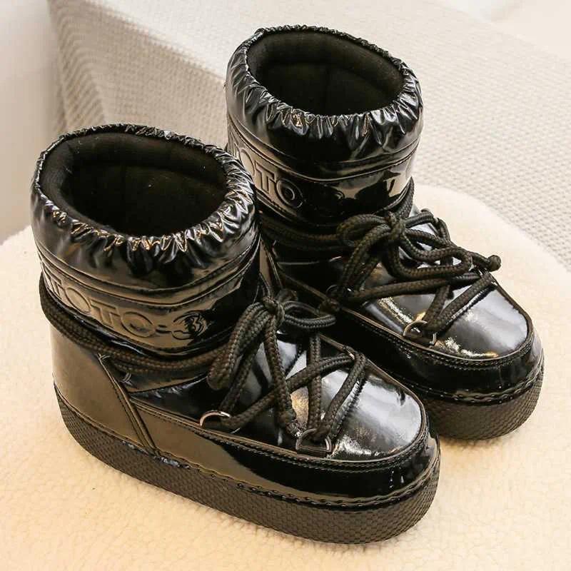 Brand Designer Short Boots Lace-up Snow Winter Women Platform Non-Slip Waterproof Leather Ski Female Thick Warm Cotton Boots