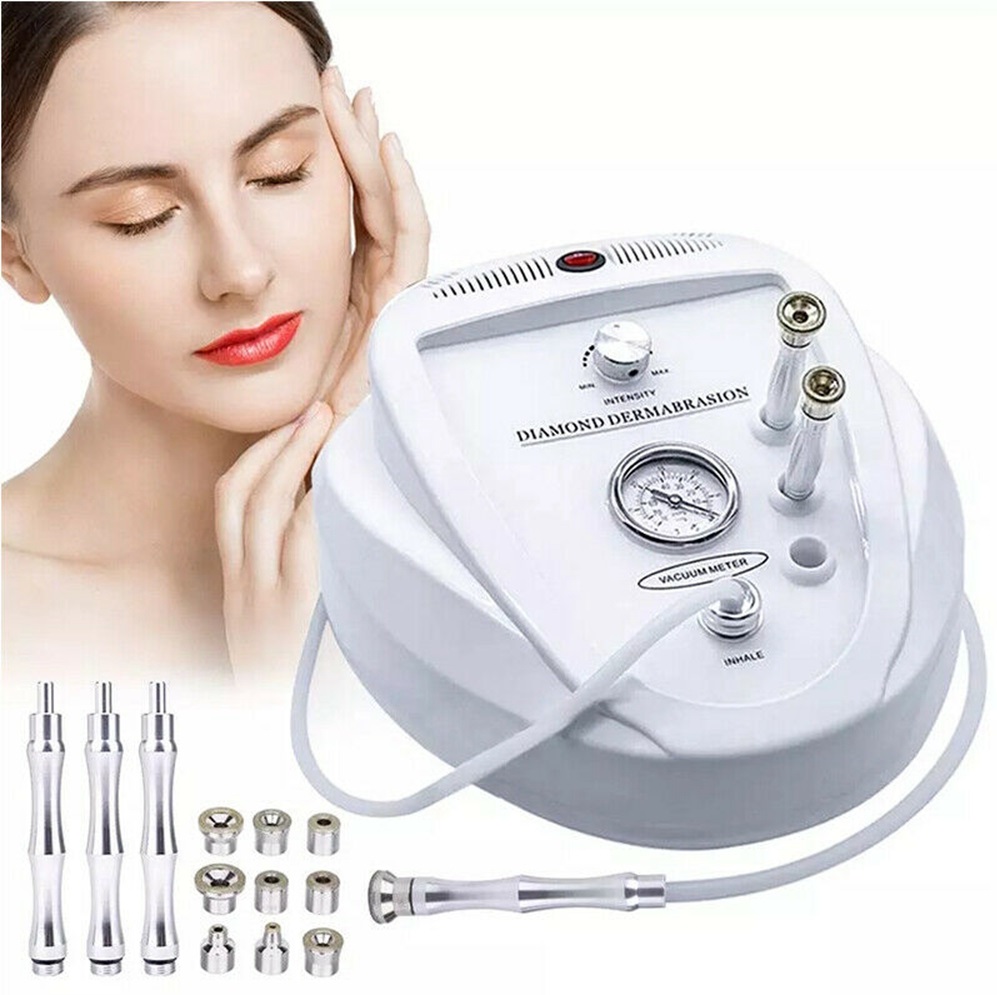 Mini Diamond Microdermabrasion System with Nine Tips and Adjustable Vacuum for Facial Exfoliation with Cotton Filter Pads and English Manual
