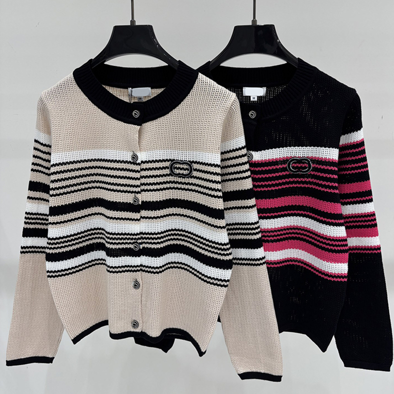 Vintage Women Striped Knit Cardigan Street Style Crew Neck Cropped Thin Breathable Button Outwear Autumn Casual Stroll Weekend Commute Knit Top