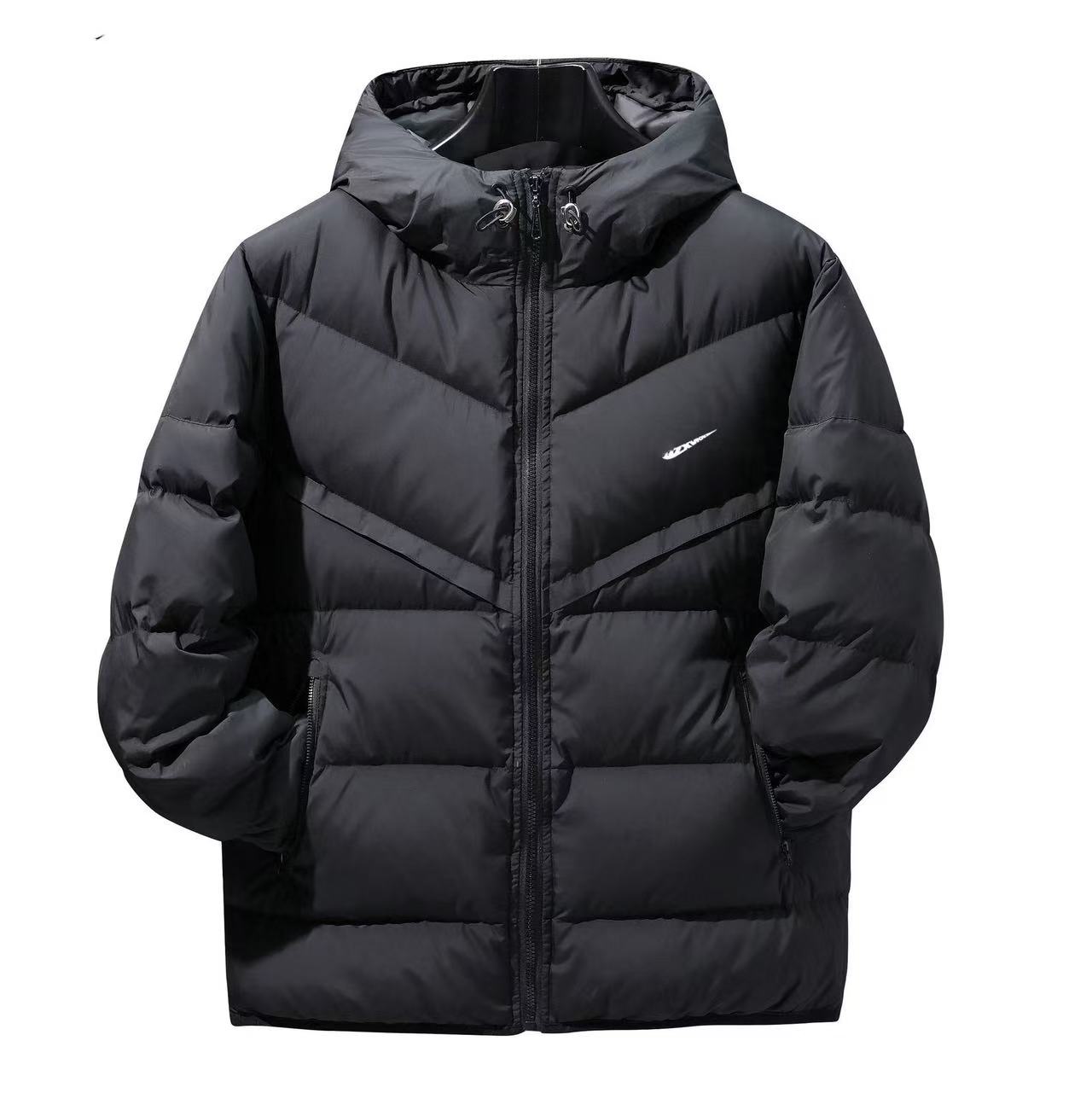 Men Winter Designer Style Hooded Puffer Jacket Thick Warm Full Zip Coat Adjustable Drawstring Hood High Street Outerwear