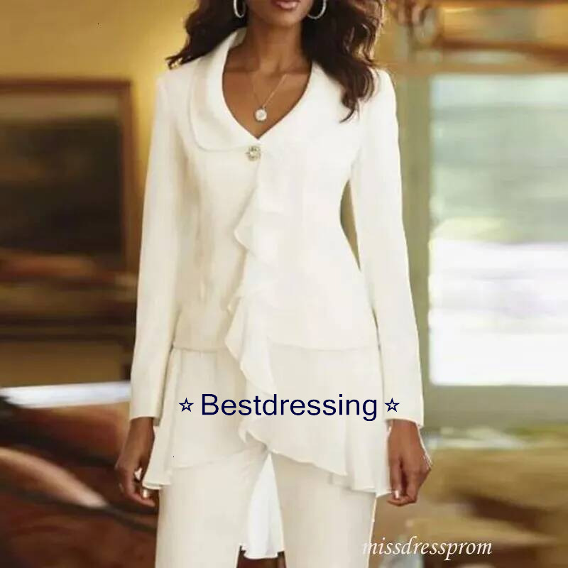 Elegant White Mother Of The Bride Pants Suits Chiffon Women Pant Sets With Irregual Jacket Plus Size Wedding Guest Dress Customed 902 Bd019