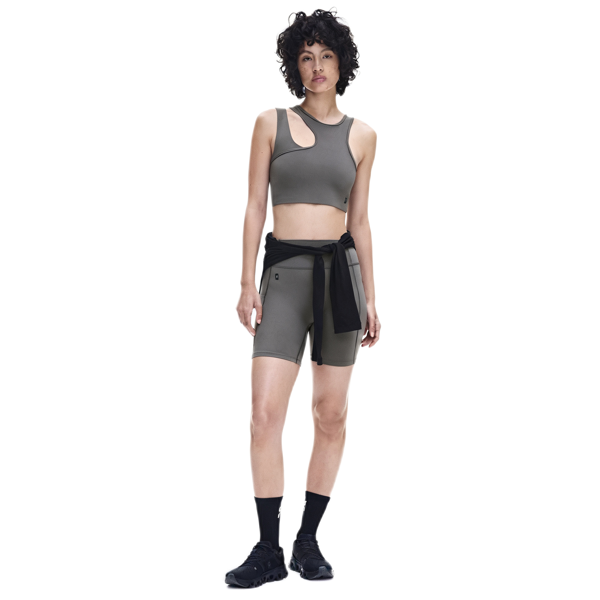 Womens Tracksuit Stylish Athletic Crop Top And Shorts Two Piece Set Asymmetrical Design With Black Sash Belt For Daily Gym Workout Olive