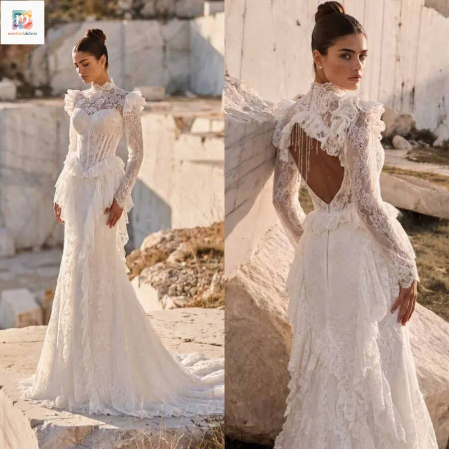 Customized Mermaid Wedding Dresses Sexy Backless Beach Boho Lace Appliques Beaded Bridal Gowns Formal Bride Dress Mb017