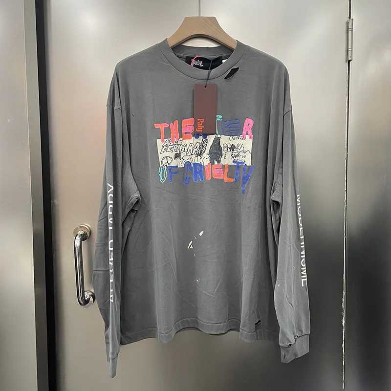 Men Women Colorful Letters Graffiti Paly Long Sleeve T Shirt Top Quality Cotton Charcoal Gray Damaged Hole Splash-Ink T-Shirt T261019