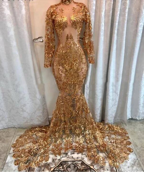 Sparkly Illusion Gold Mermaid Prom Dresses Arabic African Sequined High Neck Lace Appliqued Long Sleeve Women Formal Evening Party Gowns