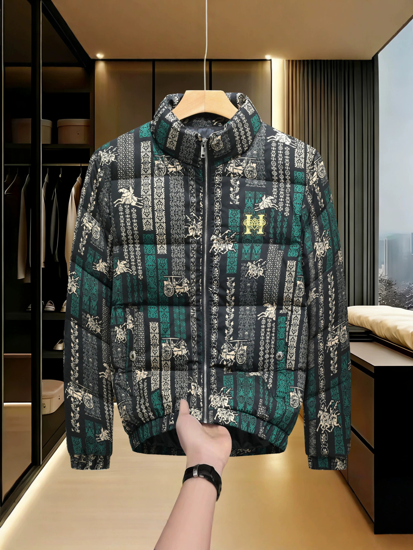Men Stand Collar Down Jacket 2026 Winter New European Trendy Printed Embroidered Thick Warm Puffer Coat Windproof For Plus Size Men Daily Wear