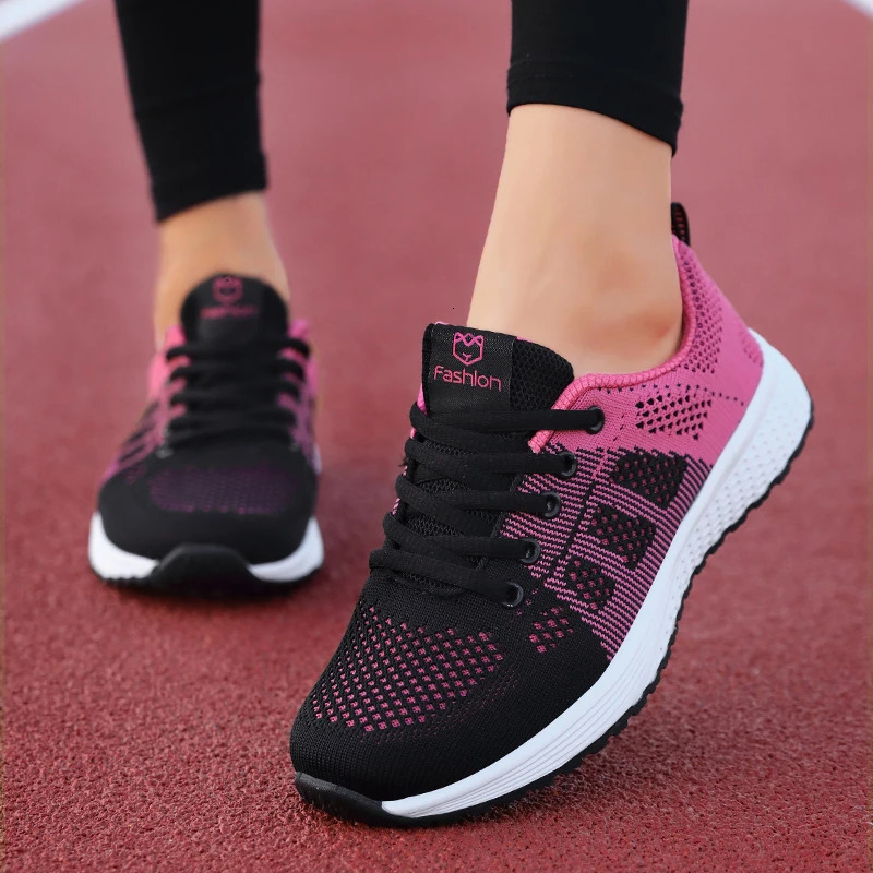 Women Casual Shoes Breathable Walking Mesh Lace Up Flat Shoes Sneakers Women Tenis Feminino Pink Black White 261019