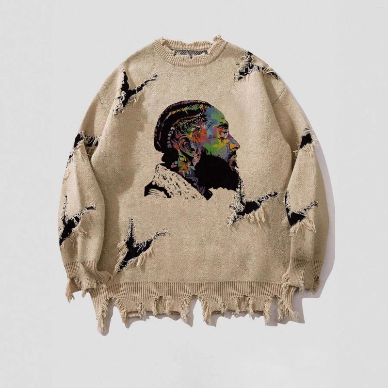 Men's Vintage Ripped Pullover Sweater Portrait Print Frayed Edge Design Loose Comfort Casual Streetwear Fashion Slim Fit