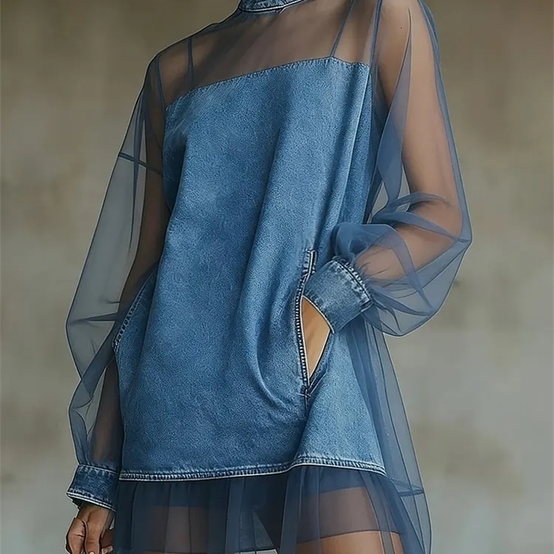 Denim Mini Dress For Women Fashion Turtleneck Tulle Patchwork Long Sleeve See Through Party Dresses Femme Daily Chic Vestidos 261015
