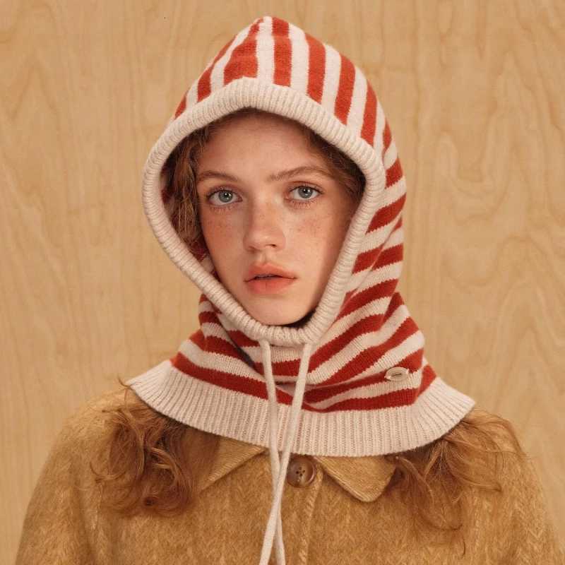 Beanie/Skull Caps Retro Color Matching Striped 100% Wool Balaclava Hats for Women Autumn and Winter Casual Versatile Literary Drawstring Beanies Q26