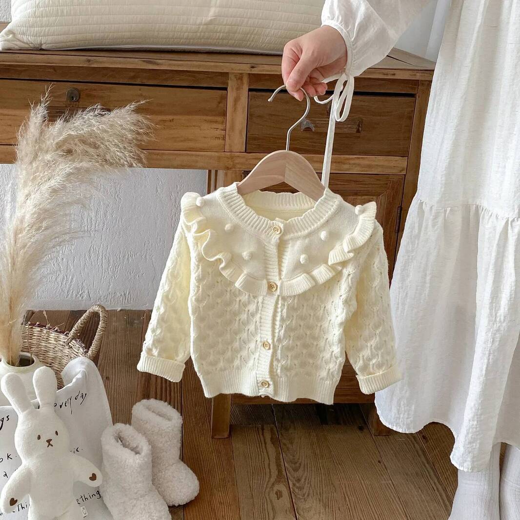 Girls Hoodie Korean Version Of Childrens Sweater Girl Foreign Lotus Leaf Collar Hollow Knitted Cardigan Top pullover Autumn Baby Coat Crew Neck S