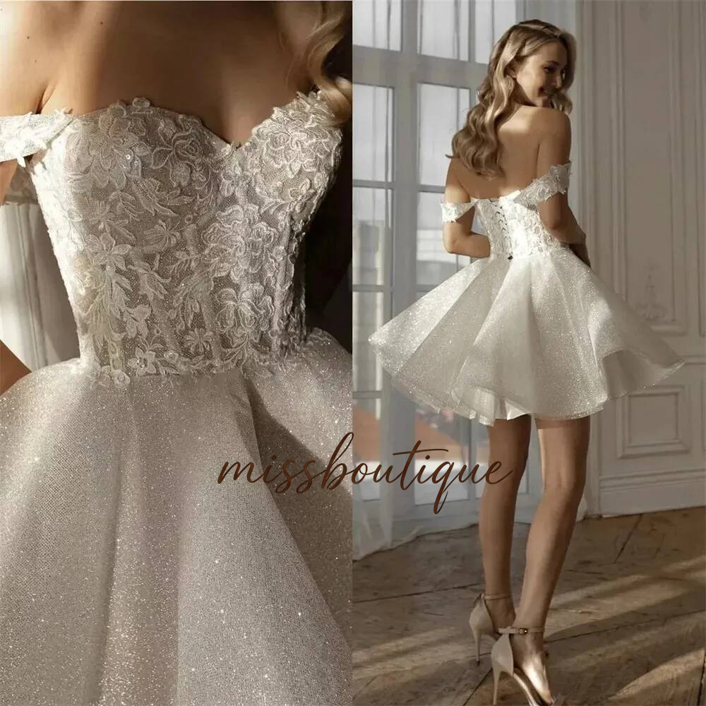 2026 Glitter Short Wedding Dresses Sweetheart Lace Appliques Sequins Mini Bridal Formal Party Gowns Bride Dress Vestidos De Noiva Q019