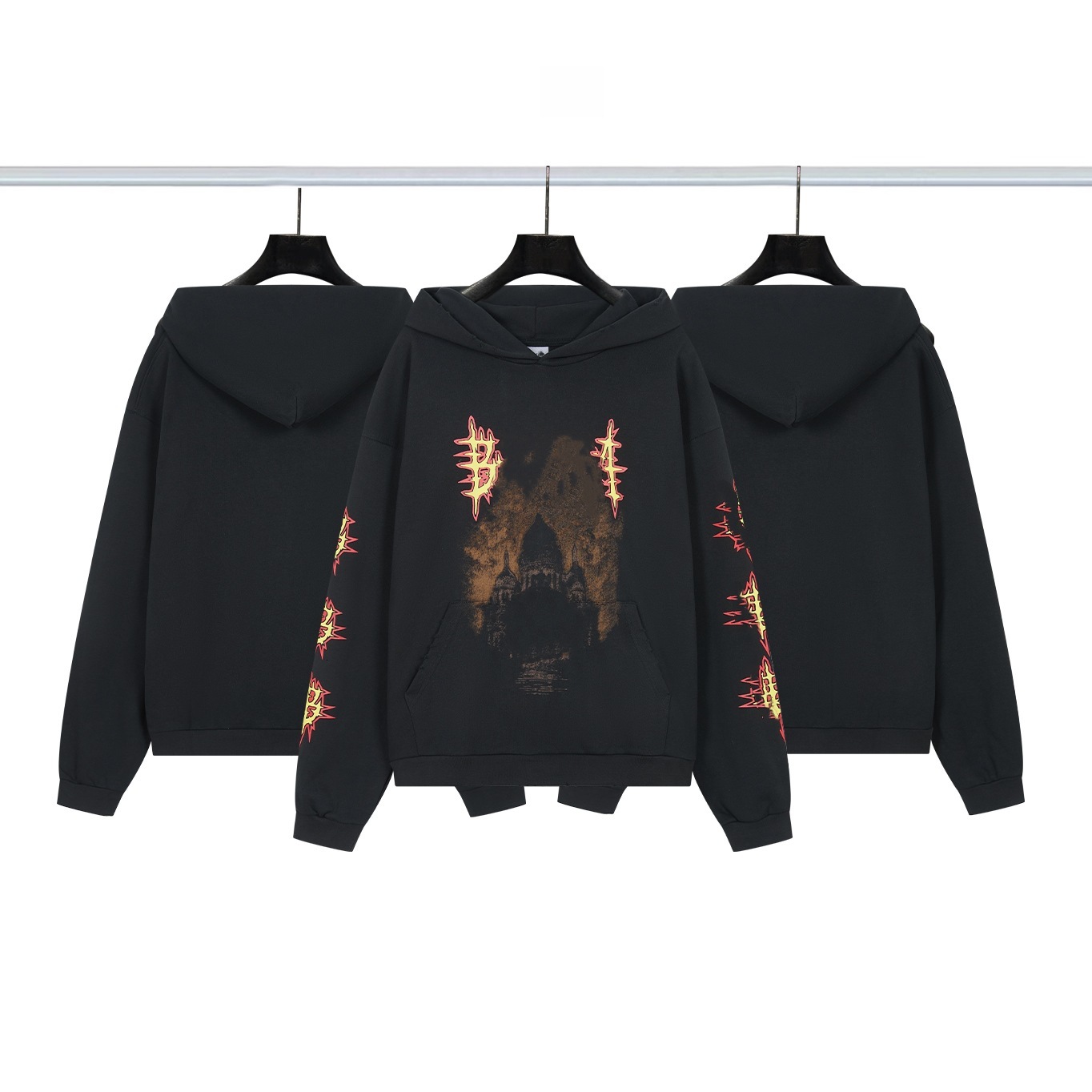 Correct version, high-quality B-brand Paris designer luxury Sanskrit letter cathedral castle print hooded sweatshirt, men's style