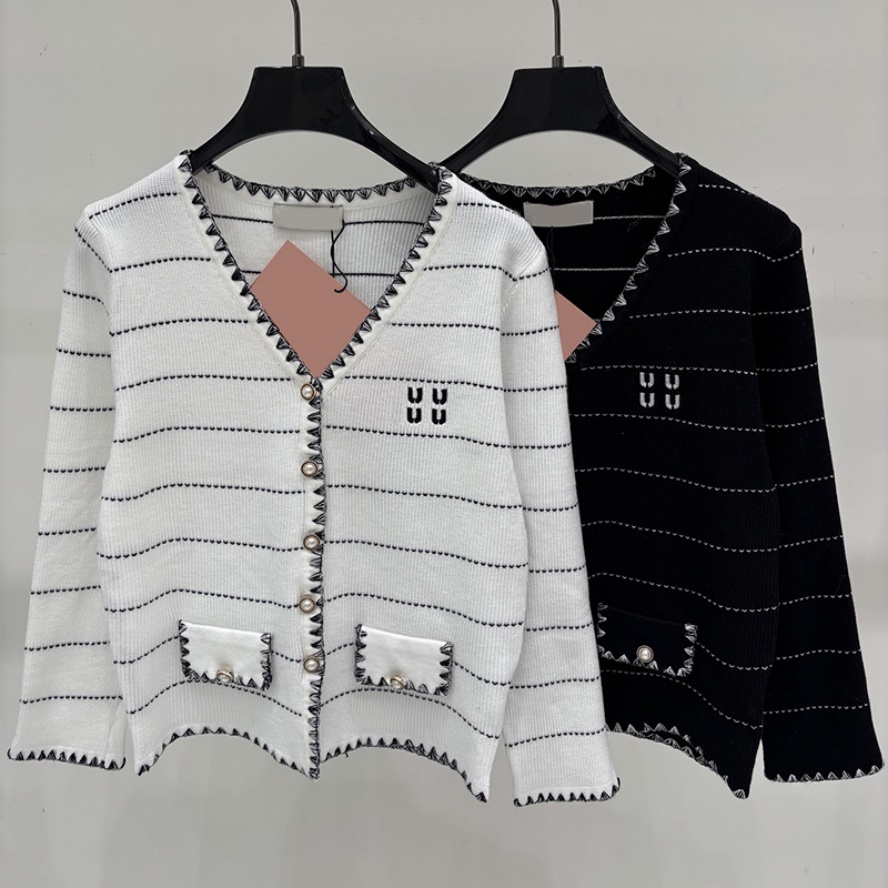 Elegant Lady Striped Knit Cardigan Women Princess Style Classic V Neck Sweater Cardigan Autumn Wedding Birthday Party Cardigan