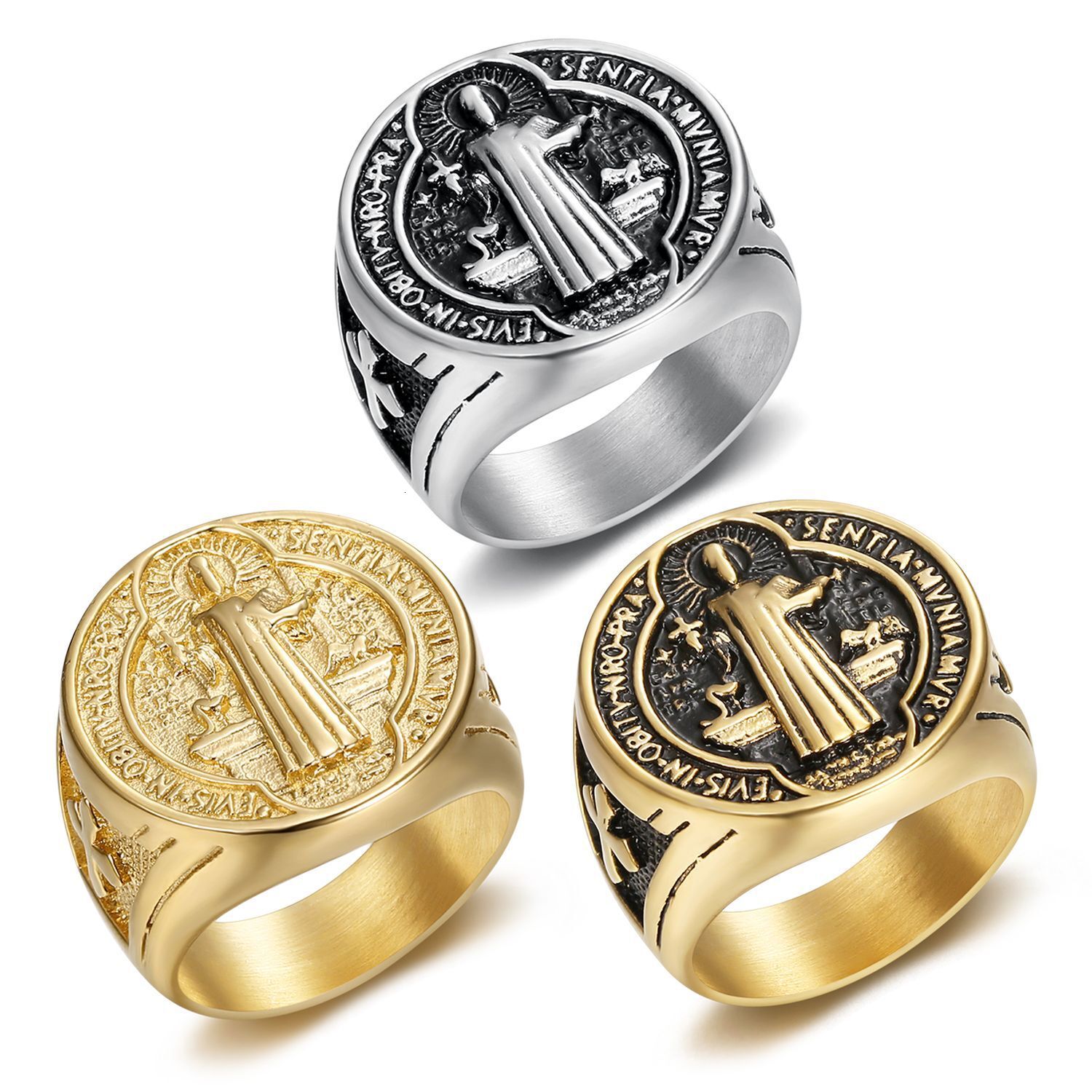 New Hot Selling Hip Hop Titanium Jewelry Saint Benedict Exorcism Medal Stainless Steel Gold Plated Men's Ring