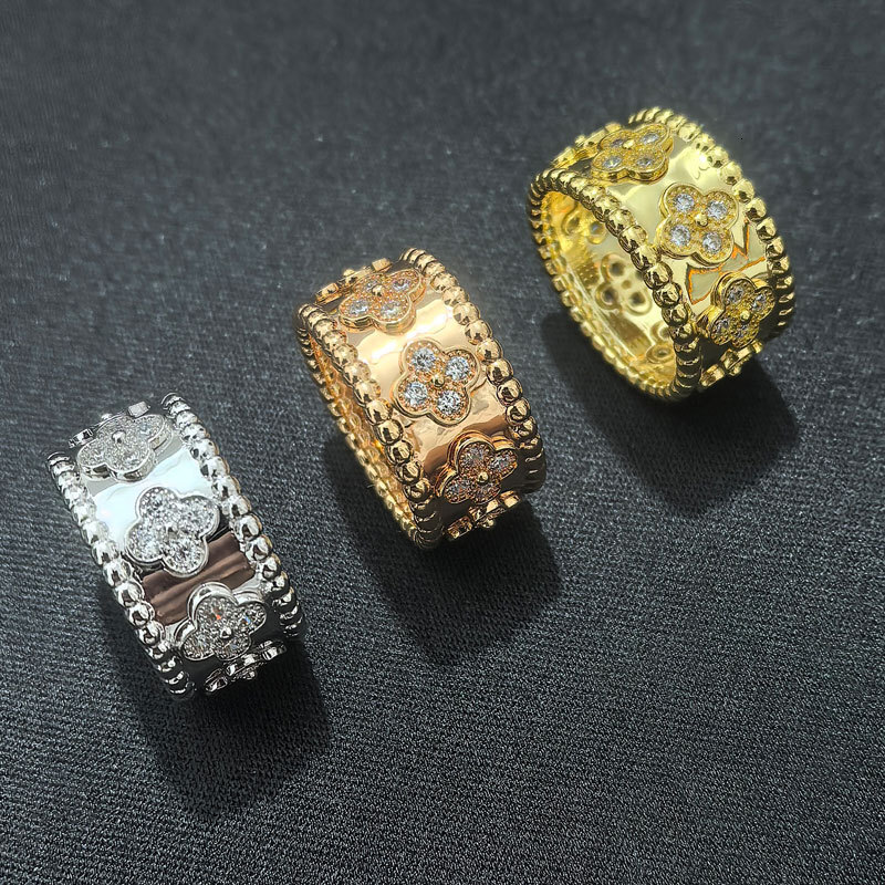 Designer Jewelry vanly cliff rings Kaleidoscope Wide Band Women 18K Gold Plated Diamond-Encrusted Four-Leaf Clover Light Luxury Ring