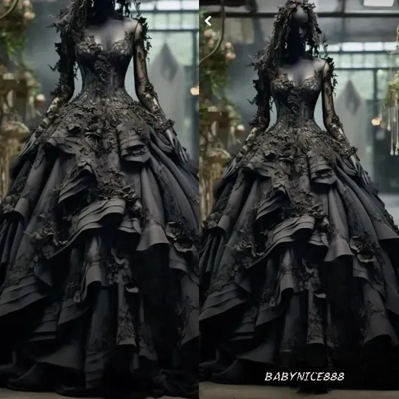 Vintage Gothic Black Lace A Line Wedding Dresses with 3D Florals Long Sleeves Plus Size Bridal Gowns robe de soiree