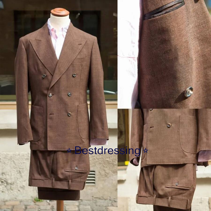 Brown Men Wedding Tuxedos Peaked Lapel Double Breasted Bestman Suits Two Pieces Sets Jacket And Pants Formal Business Wearing Customzied Bd017