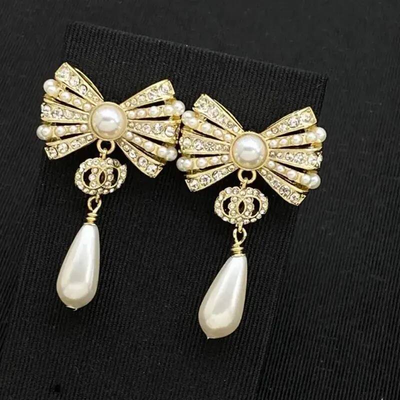 Mini Flat Stud Earring Brass Letter Stud Designer Earrings cubic zirconia Women Crystal Pearl Copper Earring High Quality Wedding Party Classic Jewe