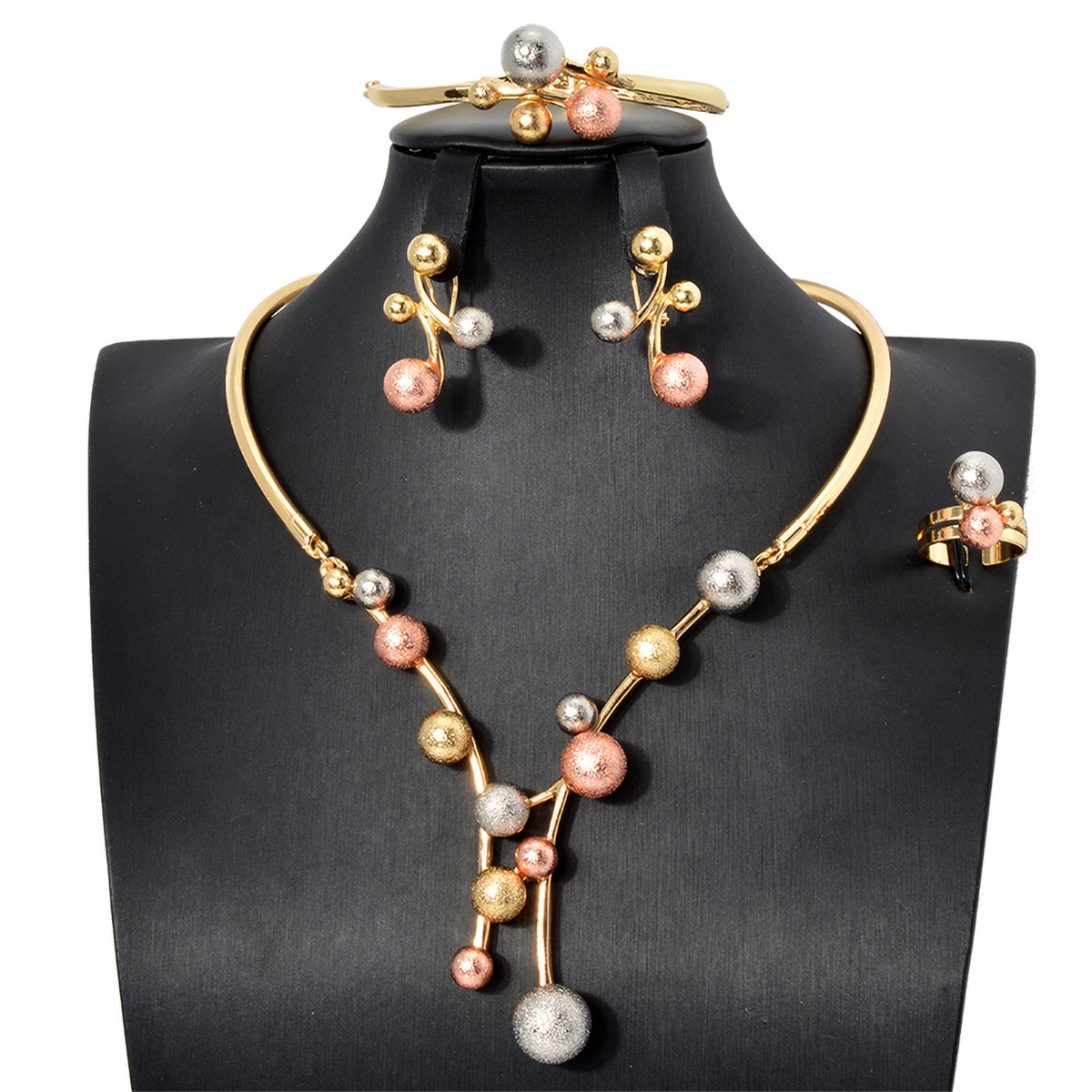 2025 Korean-style fashion three-color bead necklace, bracelet, earrings, ring set, vintage accessories, long sweater chain