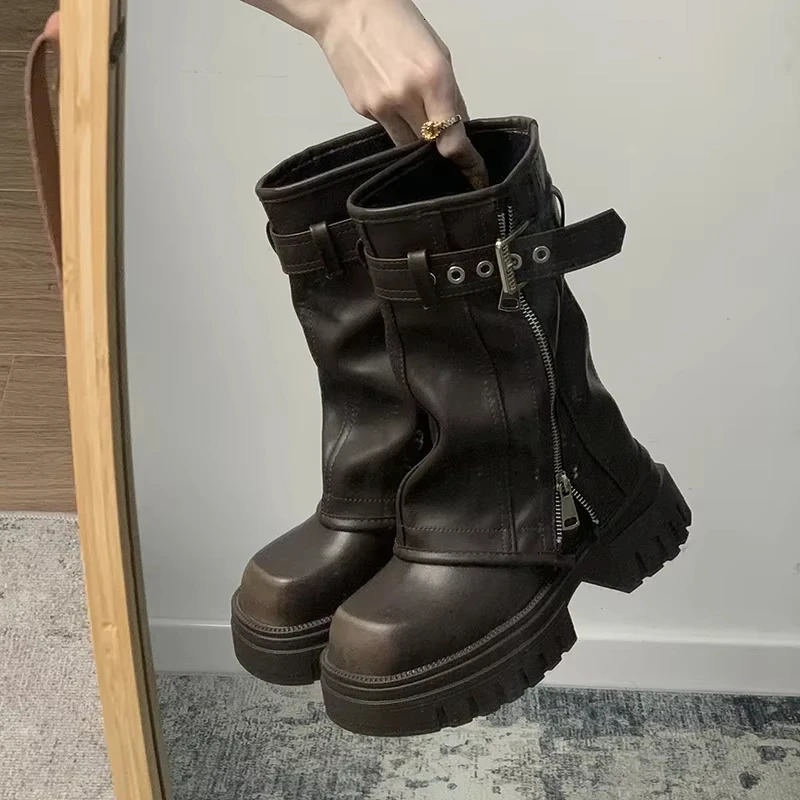 Winter Women Biker Boots Fashion Belt Buckle Ladies Elegant Platform Flats Short Booties Casual Women's Knight Booties 261019