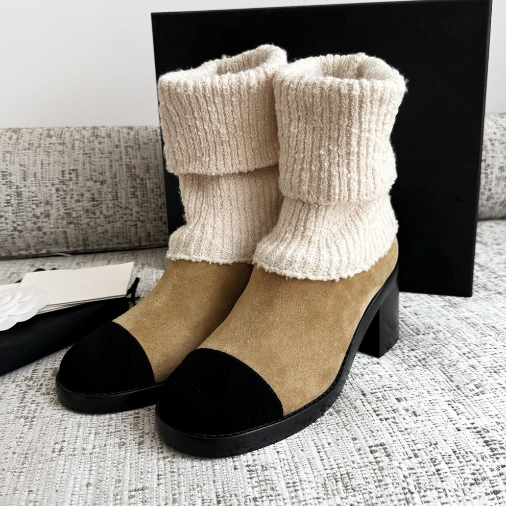Fashion Women Mid Calf Boots Cashmere Knit Turn Over Cuff Color Block Toe Suede Leather Chunky Heel Boots Winter Warm Footwear for Daily Dating Part