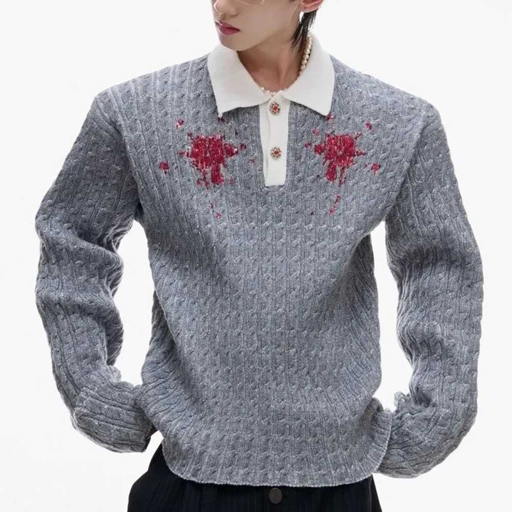Button Mens Spring Color-Blocked Gemstone Slim Knit Sweater Strtwear Fashion Retro Casual Outdoor Top Men'S Clothing 2026 New M261016