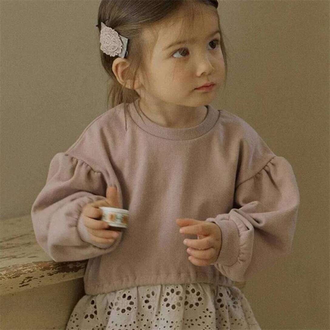 Girls Hoodie Hoodies Sweatshirts Autumn Korean Childrens pullover Girls Fashionable Lace Round Neck Loose Short Sweater Baby Clothing Sets