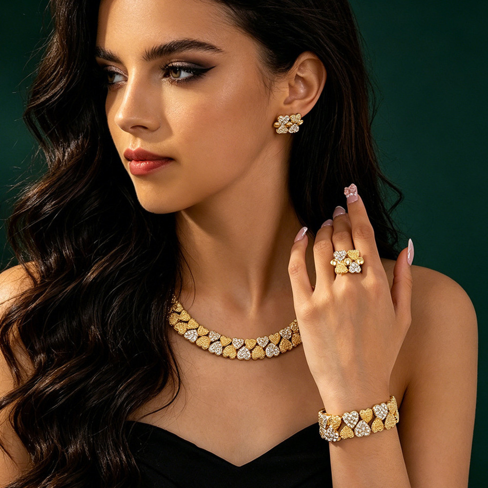 Heart Rhinestone Jewelry Set Personalized Trendy Double-Row Diamond-Studded Heart Necklace, Light Luxury Bracelet, Fashionable And Unique Jewelry Se