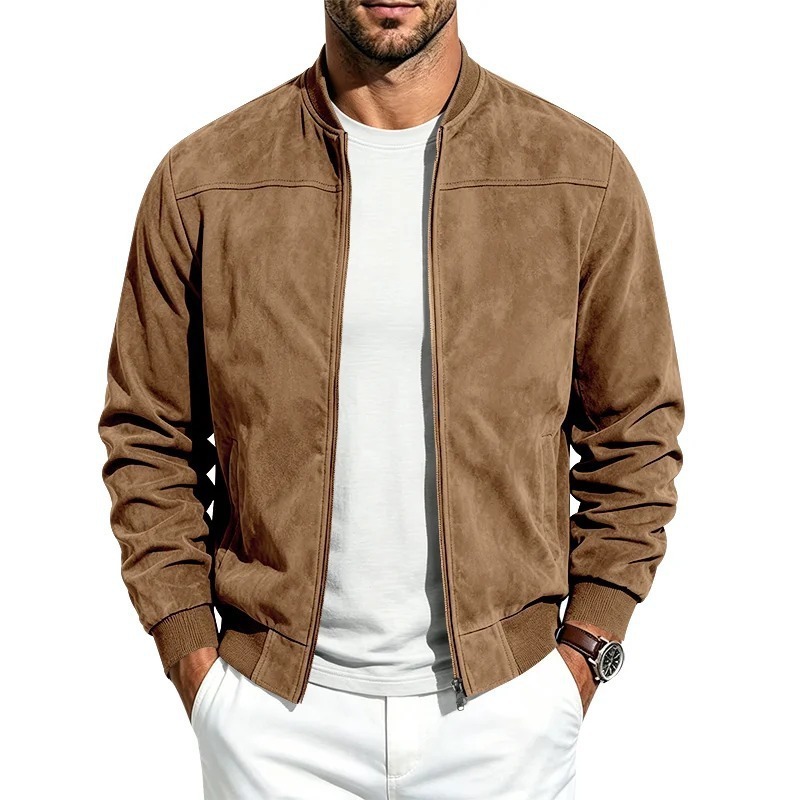 autumn men's fashion: American-style solid-color suede bomber jacket with a baseball collar and zipper