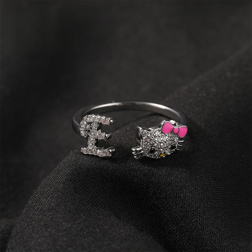 Hip-hop, vintage, cute, versatile, cartoon cat sweet, adorable, fashionable, Out D VVS Diamond Luxury Iced trendy, adjustable open ring, hand access
