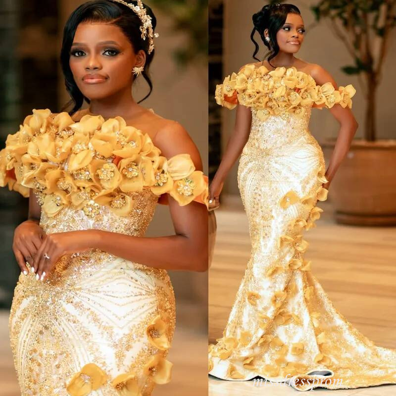 Aso Ebi Gold Dress Mermaid Evening Formal Off Shoulder Prom Dresses Flora Illusion Beaded Lace Crystals Birthday Second Reception Gown Am3571