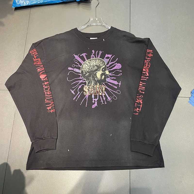 Men Women Unisex Top Quality Cotton Vintage Washed Black Splash-Ink Long Sleeve T Shirt Body Structure Pattern Print Tops Tags T261019