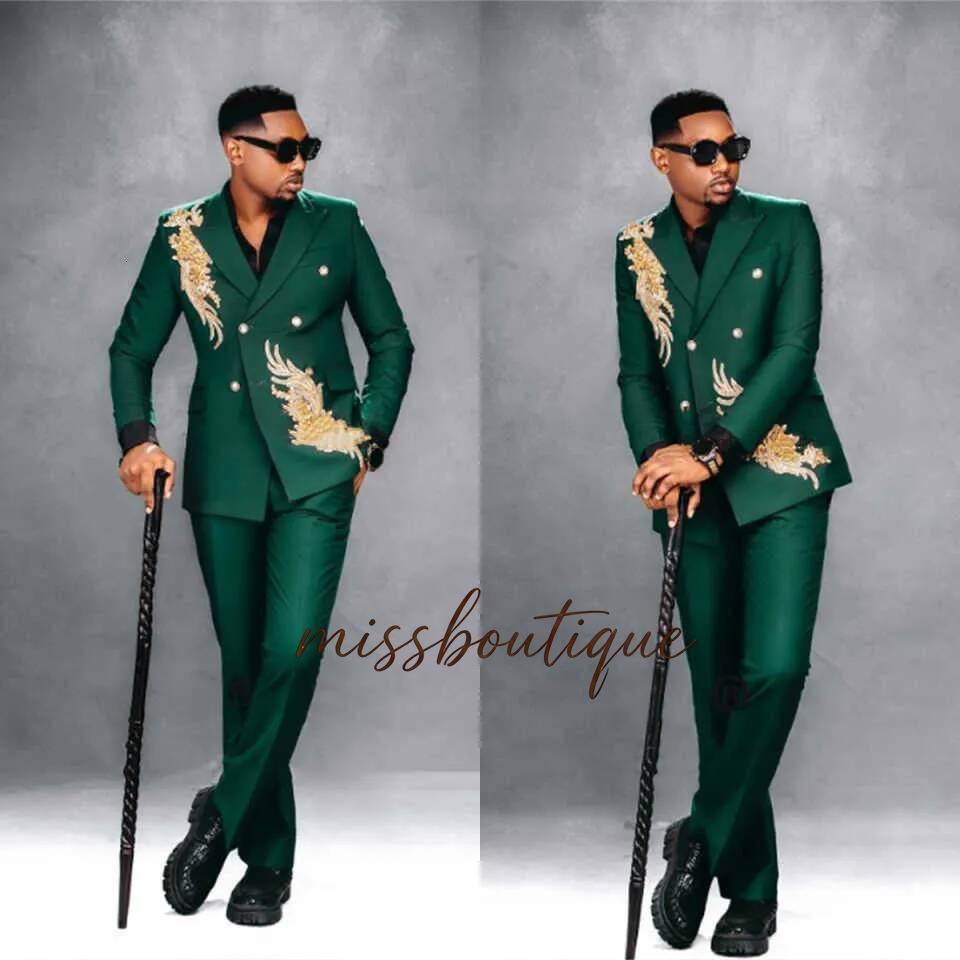 Handsome Appliques Wedding Tuxedos 2 Piece Set Jacket Pants Double Breasted Men Suit Classic Fit Evening Suits Customized Q019