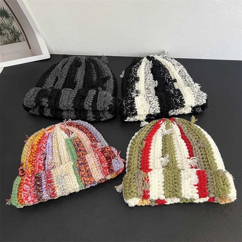 Beanie/Skull Caps Handmade Heavy Industry Multi-strand Twist Mixed Color Wool Beanie Cap Dopamine Color Hat Winter Thermal Pullover Hat for Women Q2