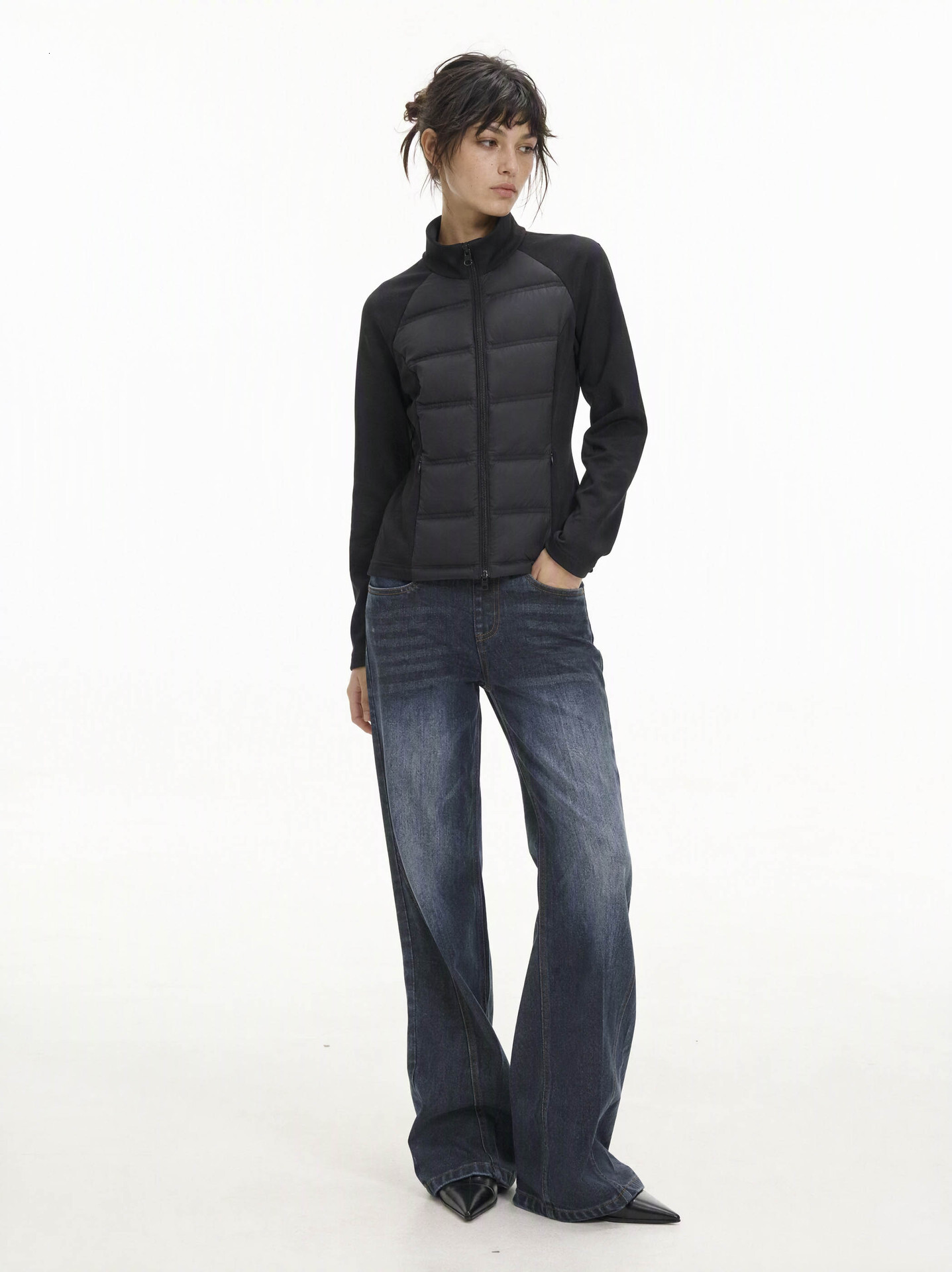 "Lightweight and warm down jacket" autumn and winter basic versatile casual high-elastic knit sleeve patchwork 90% down jacket for women